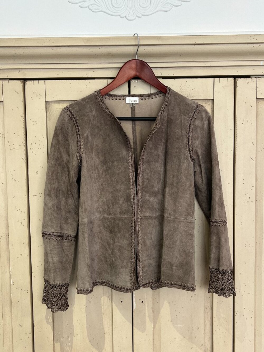 ecru Suede Leather Jacket Crochet Trim Lace Bell Cuffs Boho Taupe Brown XS